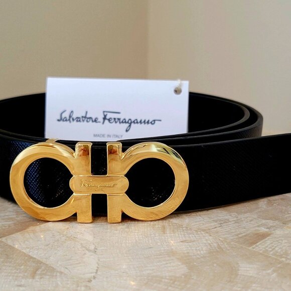 Salvatore Ferragamo Belt Accessories - Salvatore Ferragamo “Double Gancini” Saffiano-Leather Belt NWT, Size S (26-28”)